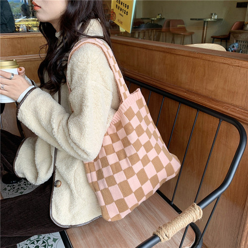 110281 Knitted checkerboard bag for women autumn and winter new casual tote bag large capacity portable canvas bag ins
