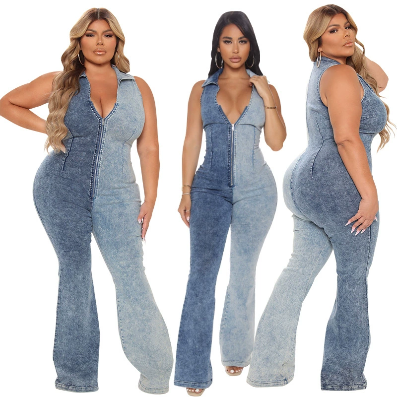 21803 трансграничный женский комбинезон больших размеров 2021 осень новый цвет в тон стирка сексуальный джинсовый комбинезон Amazon