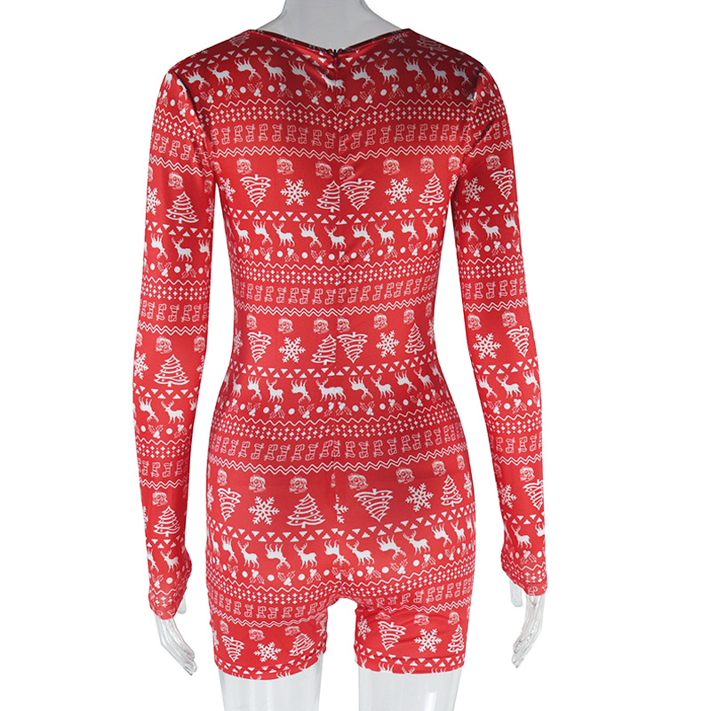 Women Autumn Winter Home Christmas Grid Printing Long Sleeve Shorts V neck Sexy Casual Jumpsuit