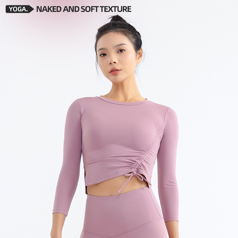 Top de yoga ropa de fitness expuesta al ombligo de las mujeres Cordón de adelgazamiento elástico alto deportes manga larga correr ropa de secado rápido ajustada casual