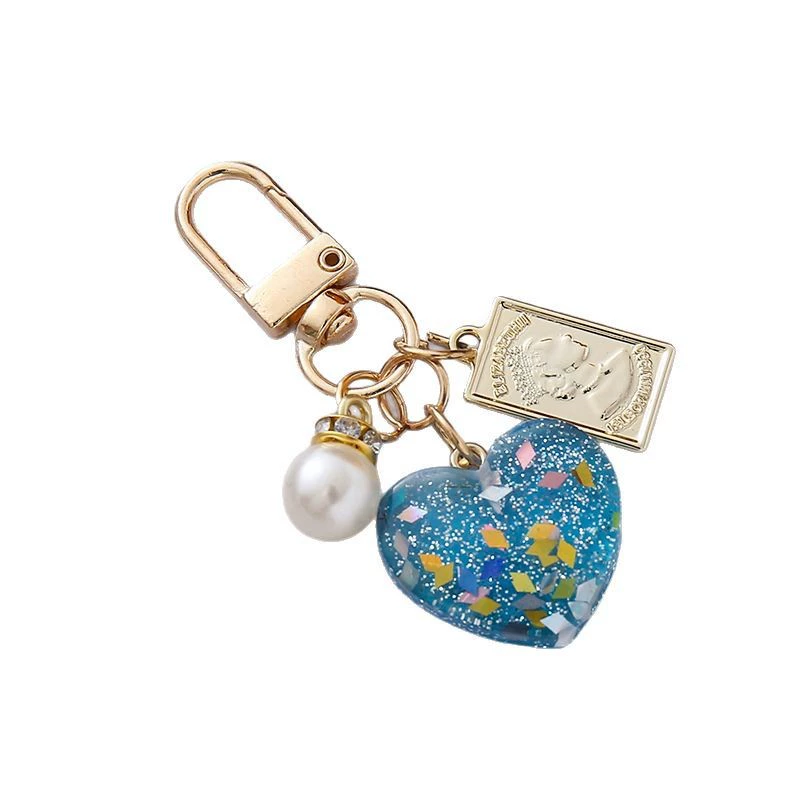Keychain heart pendant, pearl charm, glitter coin tag, 7×3.5×1 cm, lightweight accessory