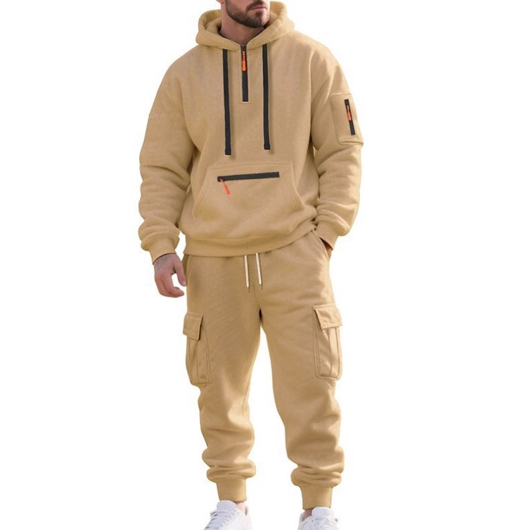 Cross-Border Autumn and Winter Men's Fashion Casual Simple Sweatshirt Set Multi-Pocket Half-Cardigan Men's Sweatshirt Two-Piece Set