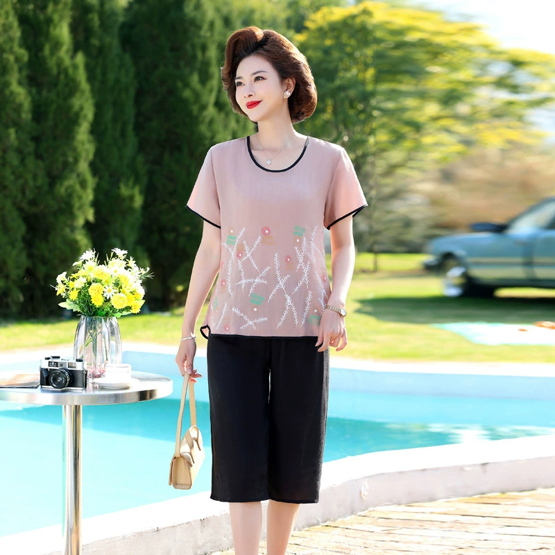 2025 новая мама летняя одежда набор иностранные модные топы из двух частей среднего и пожилого возраста женская летняя футболка с короткими рукавами