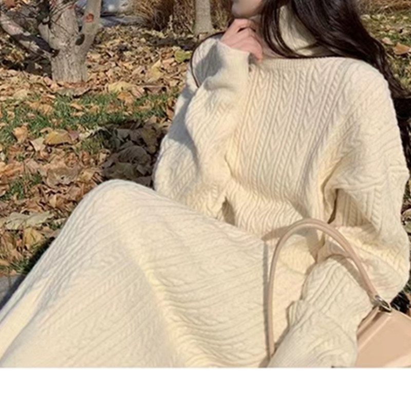 Efterår og vinter 2023 Ny Long Knitting Fried Dough Twists Bundkjole_voghion.com