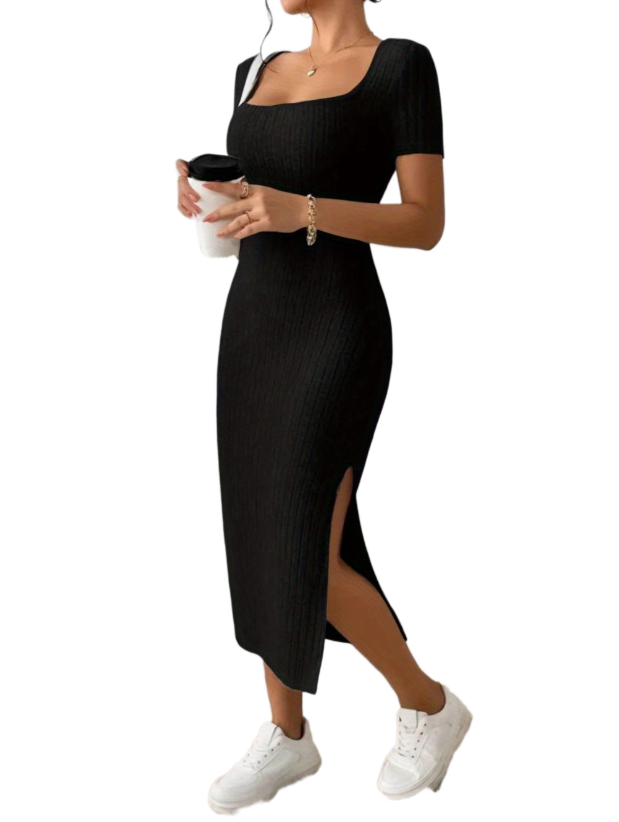 Women's Square Neck Slim Fit Bodycon Dress Sexy Slit European American Style Soft Summer Fashion Dress_ecoleips.com