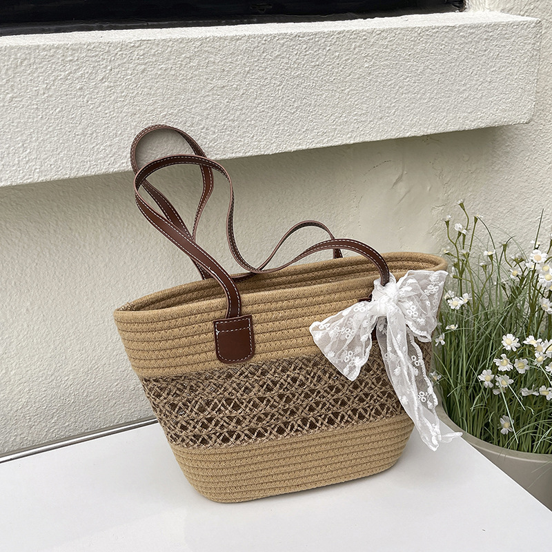 Handmade Rattan Shoulder Bag With Leather Trim And Seagrass_voghion.com
