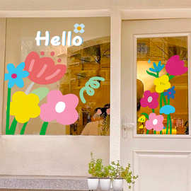 ins风清新小花贴纸花店服装欢迎光临店铺玻璃橱窗卡通插画装饰贴
