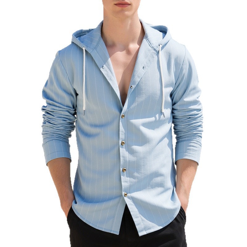 Cross-border otoño hombre a rayas verticales Casual camisa de manga larga con capuzas de lino cardigan de tendencia suelta camiseta de playa