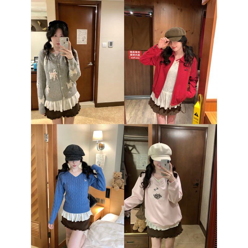 蕾丝絮语 V领蕾丝镂空绒面针织衫女秋季百搭T恤内搭长袖上衣|undefined