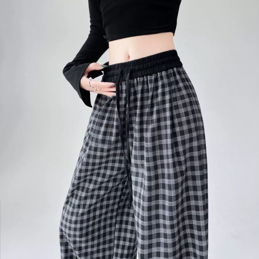 2025 ранняя осень повседневные свободные женские летние ленивые утягивающие удлиненные клетчатые брюки в пол удобные удлиняющие ноги