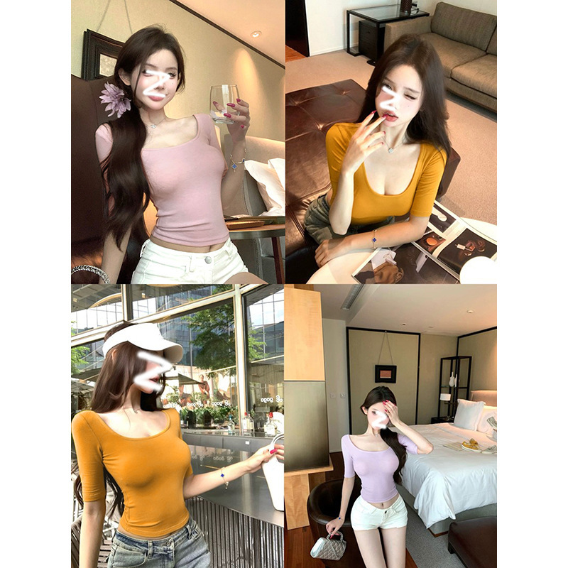 Solid Color U-Neck Short-Sleeve T-Shirt for Women, Summer 2026 New Style, Pure Desire Style, Tight-Fitting, Sexy Short Crop Top, Ins Solid Color U-Neck Short-Sleeve T-Shirt for Women, Summer 2026 New Style, Pure Desire Style, Tight-Fitting, Sexy Short Crop Top, Ins