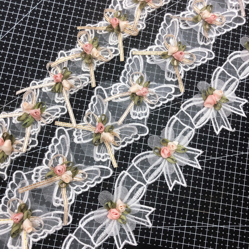 Double-layer mesh embroidery lace handmade three-dimensional stick flower bow lace children's clothing accessories home textile curtain lace