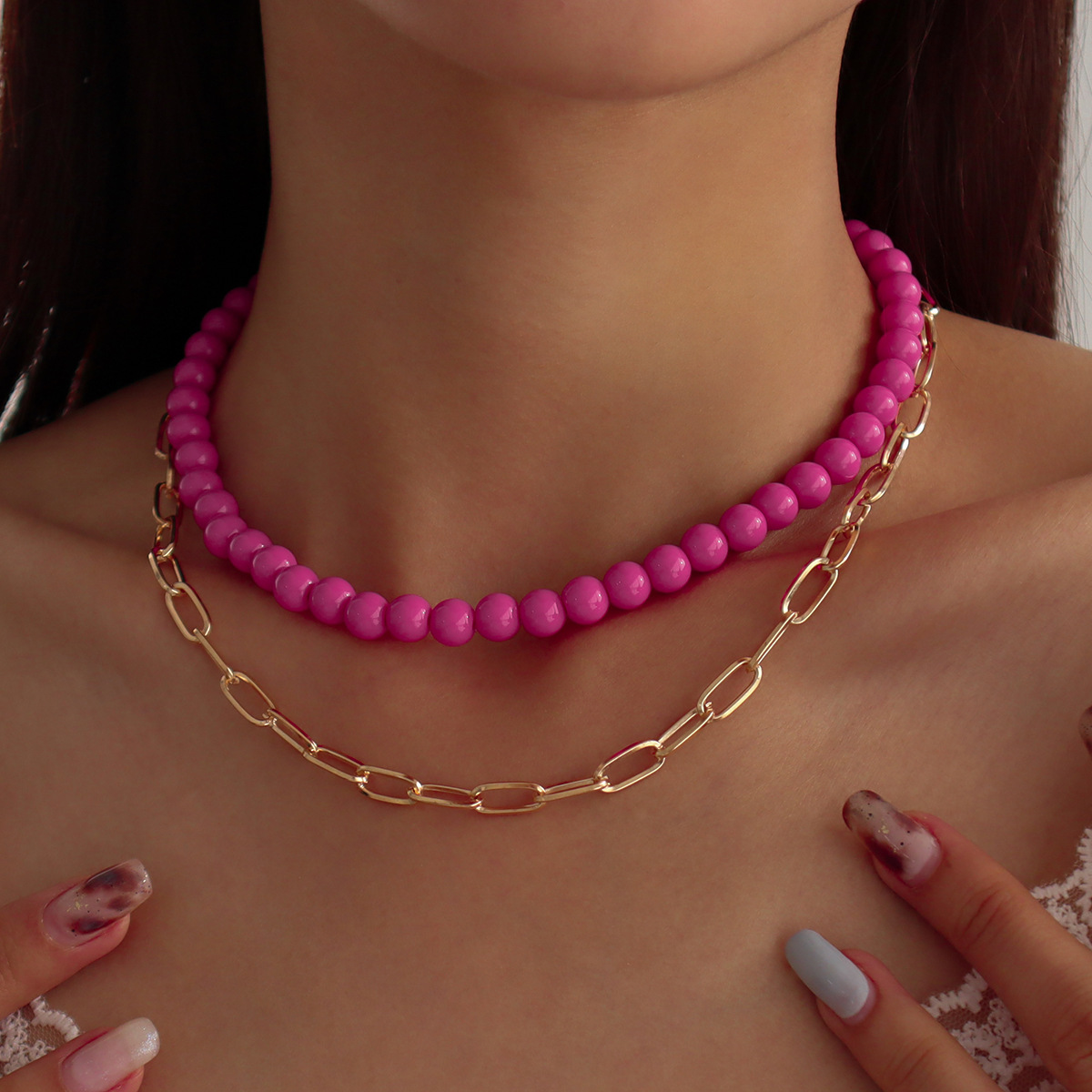 Double-layer Necklace Beaded Simple Punk Necklace Creative Fashion Short Collarbone Chain display picture 2