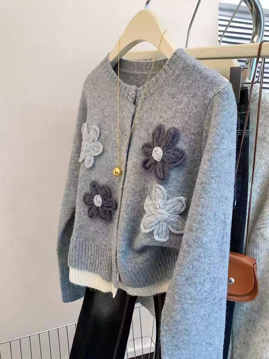 Áo khoác cardigan len dệt kim mềm mại màu xám nữ thiết kế độc đáo — xám