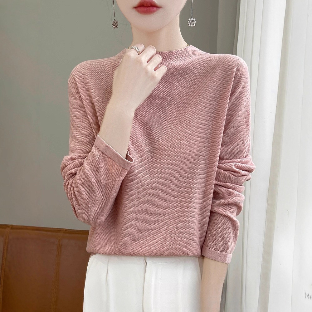 秋冬新款精纺羊毛打底衫半高领女宽松显瘦百搭休闲亲肤羊毛针织衫