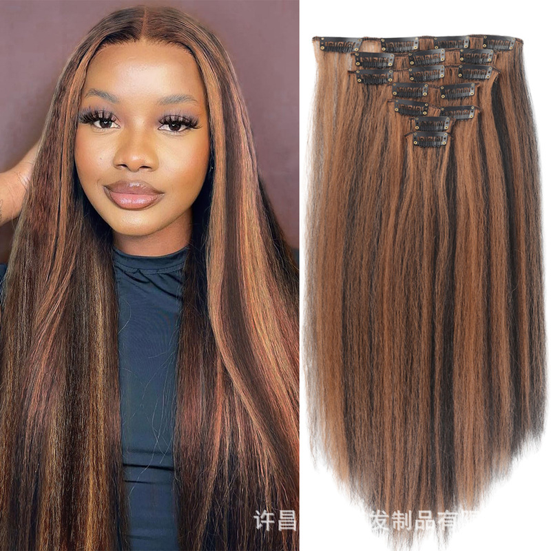 Foreign Trade Wigs African Yaki Seven-Piece Set Hair Extensions Straight Hair 16 Clips Seamless Invisible Fluffy Yaki Clip-In Hair