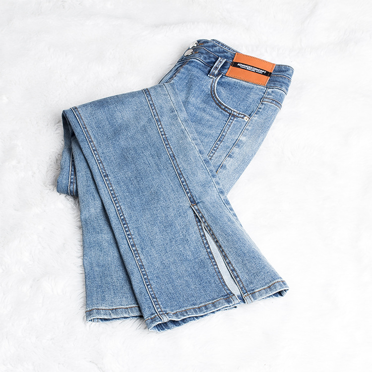 个性开叉牛仔裤女秋2022年新款春秋高腰显瘦阔腿微喇叭裤子潮