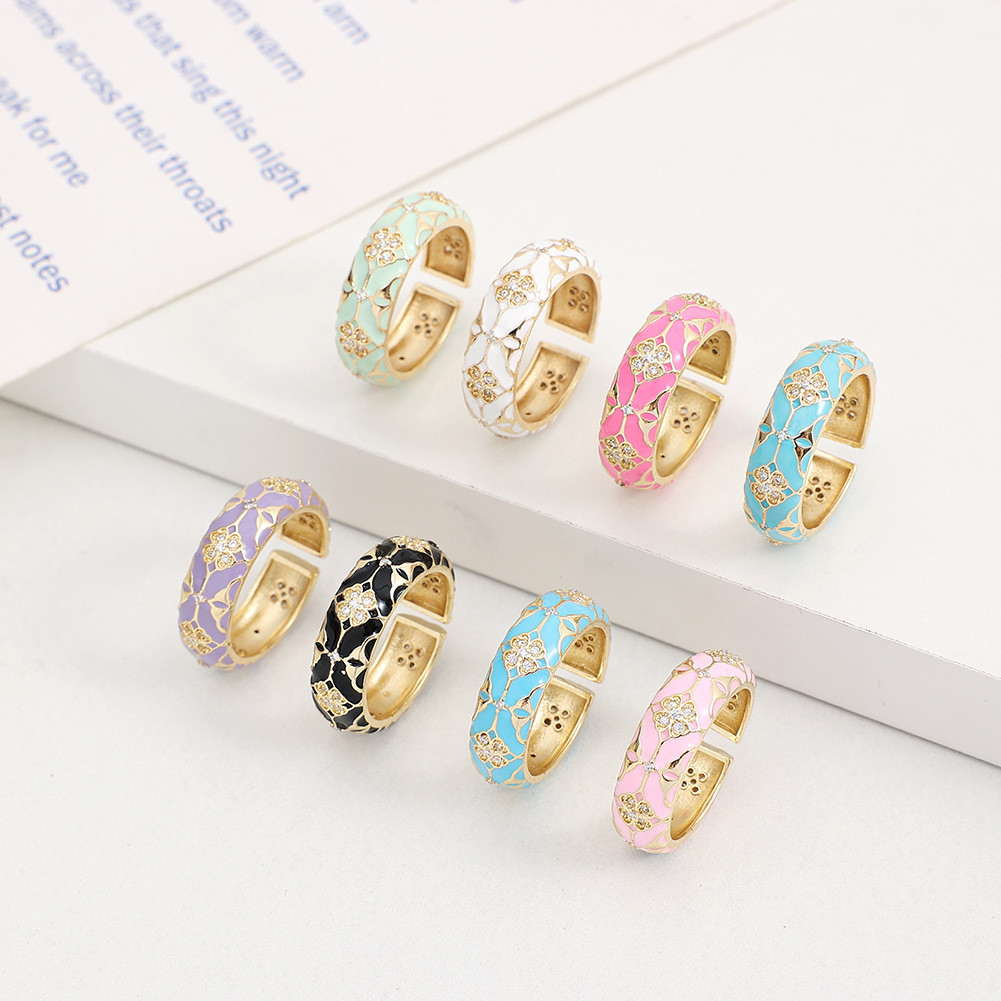 Fashion Four Leaf Clover Copper Open Ring Plating Inlay Zircon Copper Rings