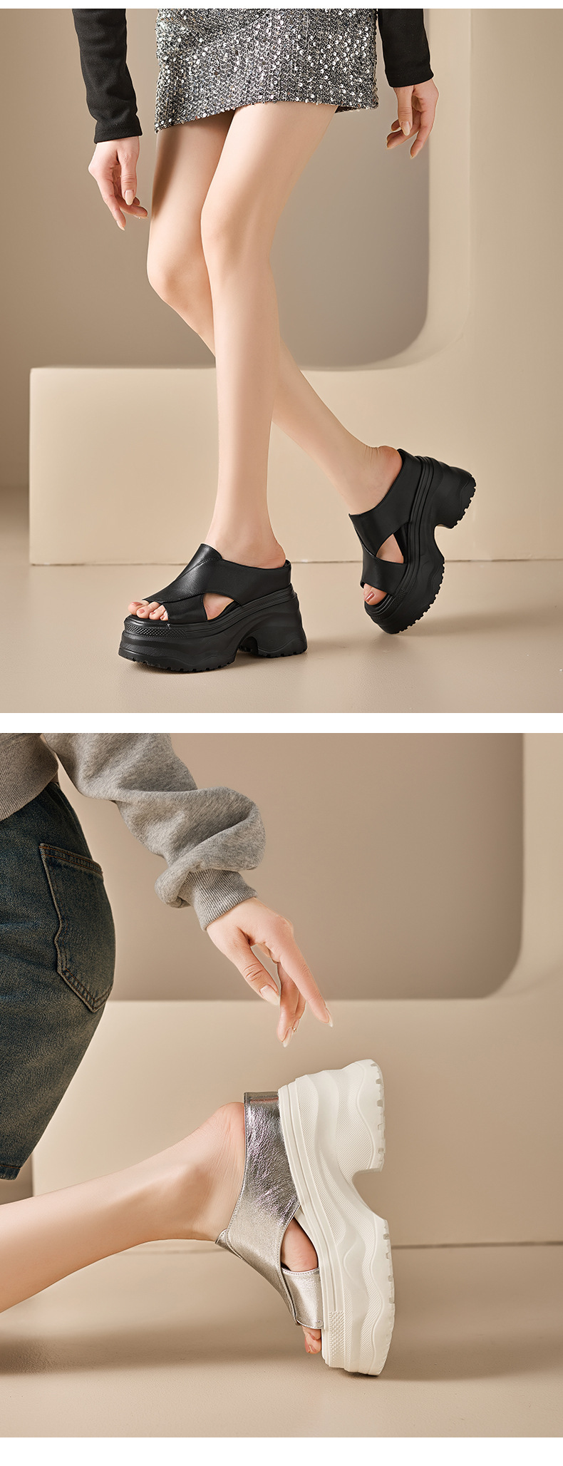 Dép sandal nữ quai ngang đế dày da thật tăng chiều cao — màu đen, màu trắng ngà, bạc chi tiết 10