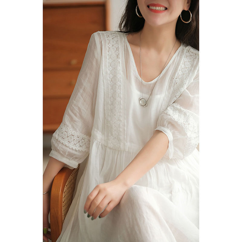 Brand Cut Label Shopping Mall Withdraws Cabinet Yu Single Tencel Ramie Big Swing Robe V-Neck Short Sleeve Lace Cotton Linen Dress Brand Cut Label Shopping Mall Withdraws Cabinet Yu Single Tencel Ramie Big Swing Robe V-Neck Short Sleeve Lace Cotton Linen Dress
