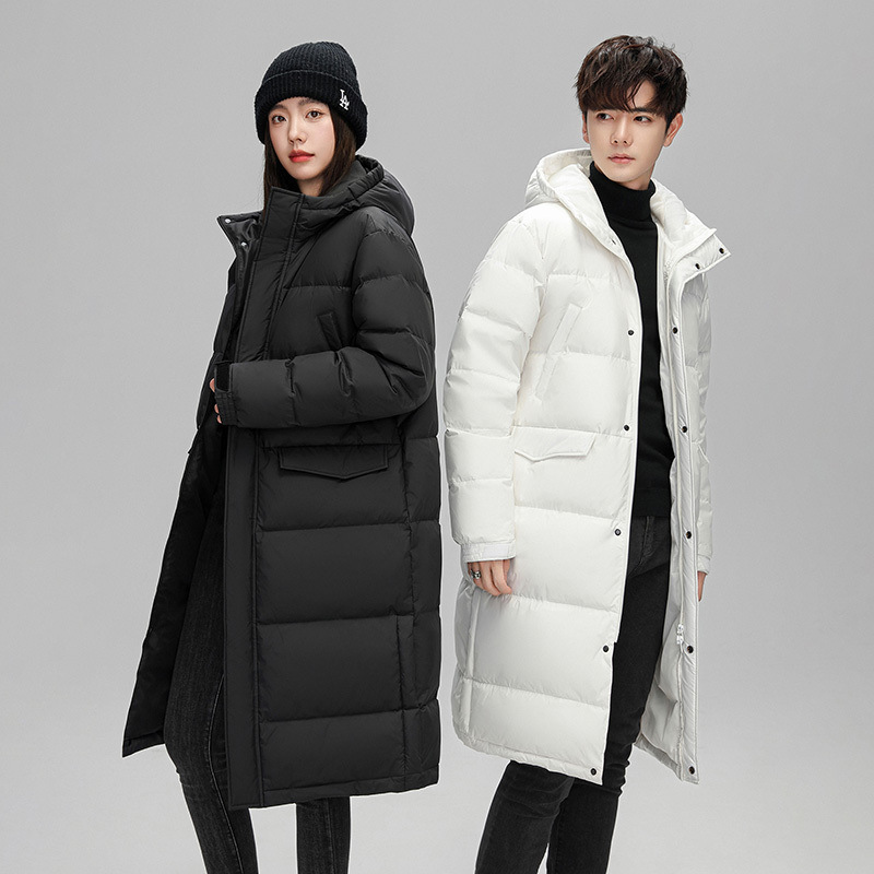 Adidas-Style Couple's down Jacket, Unisex, Winter, Solid Color, Convertible, Long, Over-The-Knee, Thickened, Men's Straight Cut
