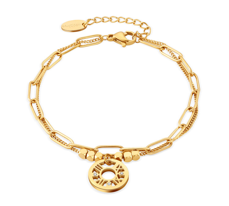 Mode Strass Intarsien Aushöhlen Römischen Ziffern Anhänger 14k Gold Überzogene Titan Stahl Armband display picture 2