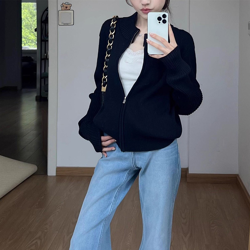 藏青色立领拉链针织开衫外套女秋冬穿搭外穿修身短款毛衣内搭上衣|undefined