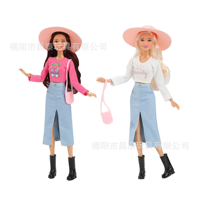 Cross Border 30cm 11 Joint Barbie Doll Autumn Fashion Trend Long Sleeve Threaded Top Denim Skirt suit