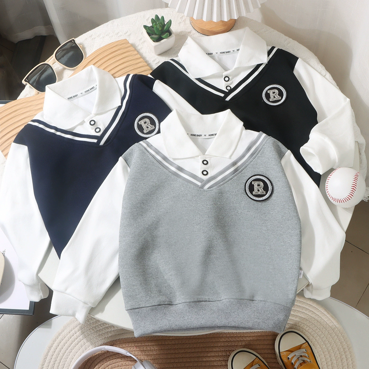 Мальчик с отворотом рубашка POLO Весенний свитер в британском стиле поддельный