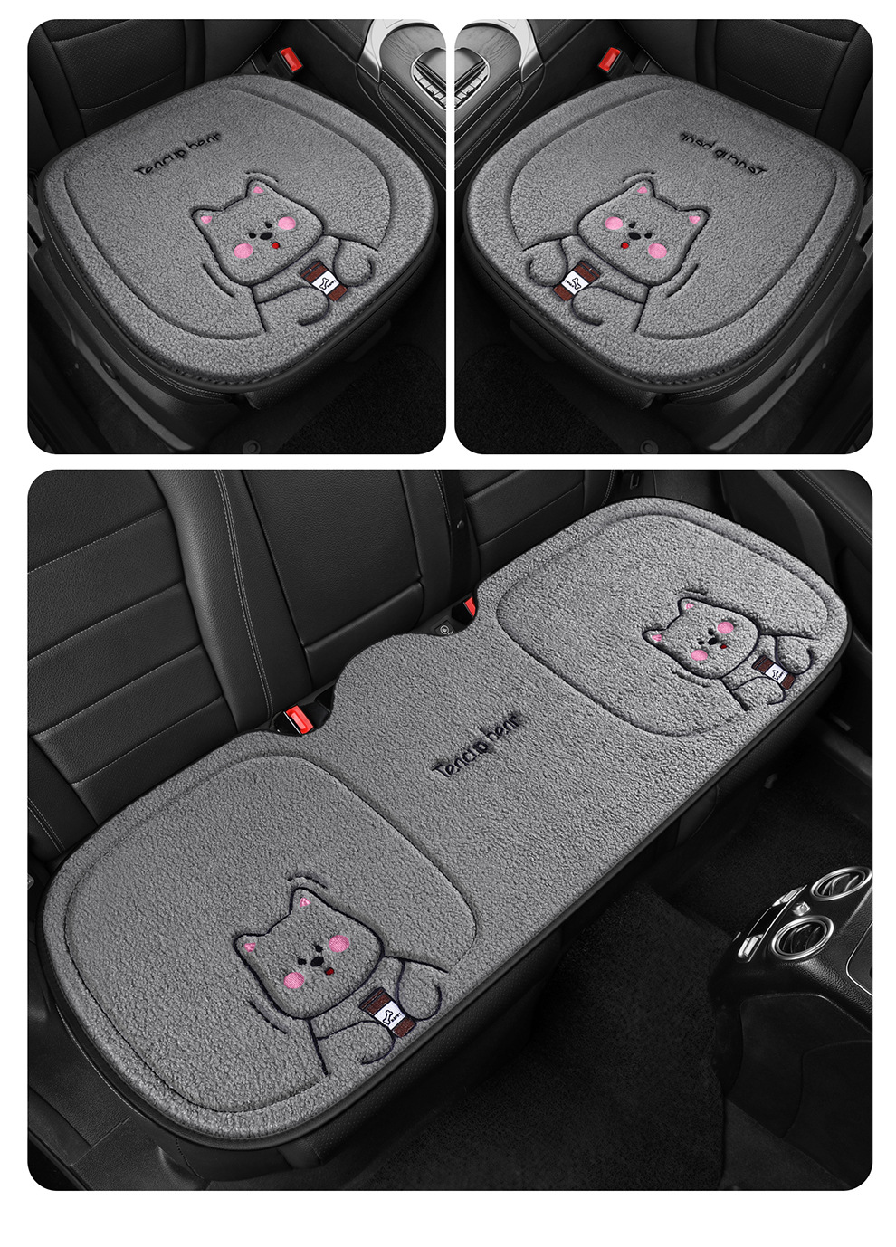 Wholesale New Four-Season Universal Car Seat Cushion Non-Slip Wear-Resistant Short Plush Cartoon Bear Three-Piece Set Factory Direct Sale