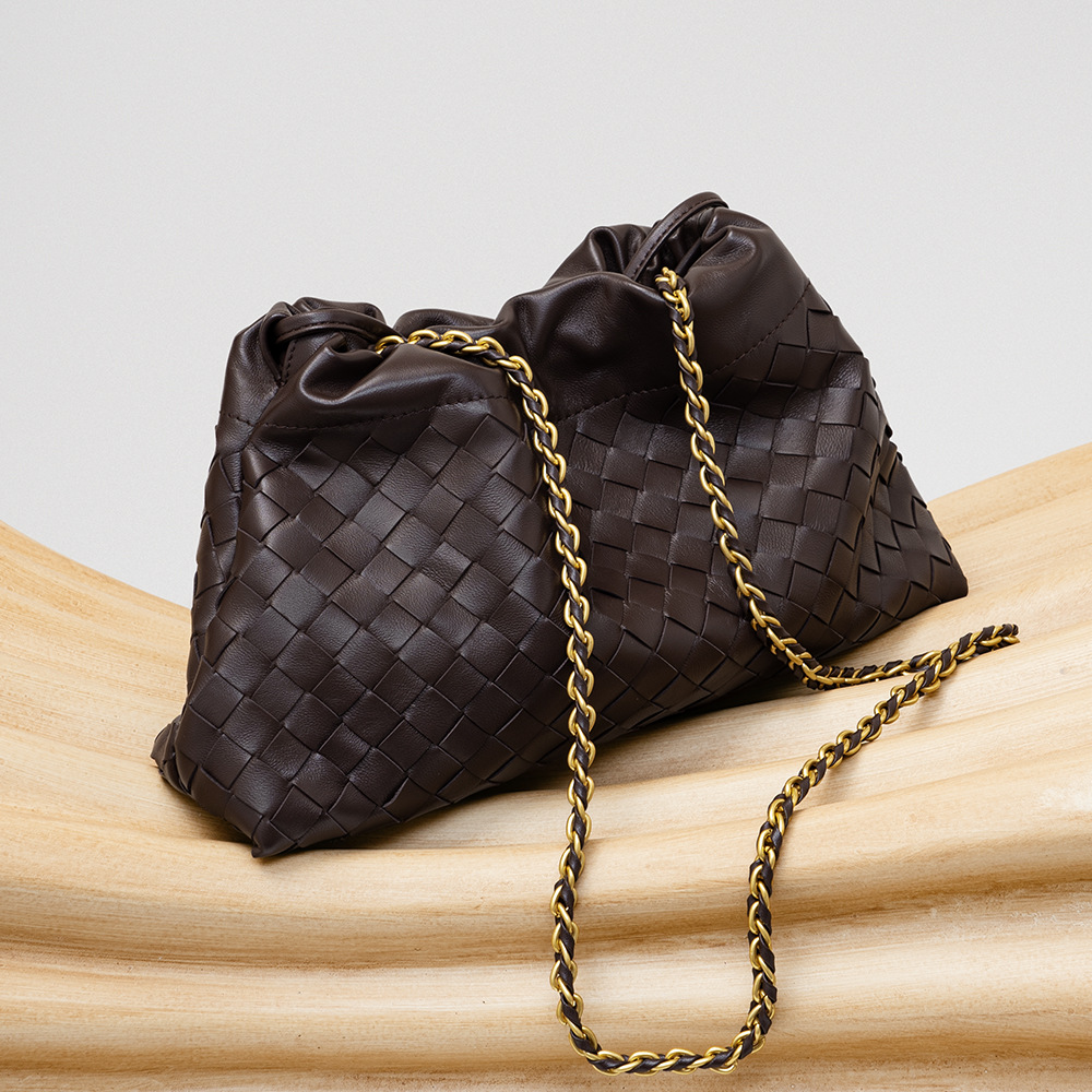 Niche Luxury Chain Woven Top Grain Sheepskin Bag, Commuter Genuine Leather Crossbody Handbag For Women