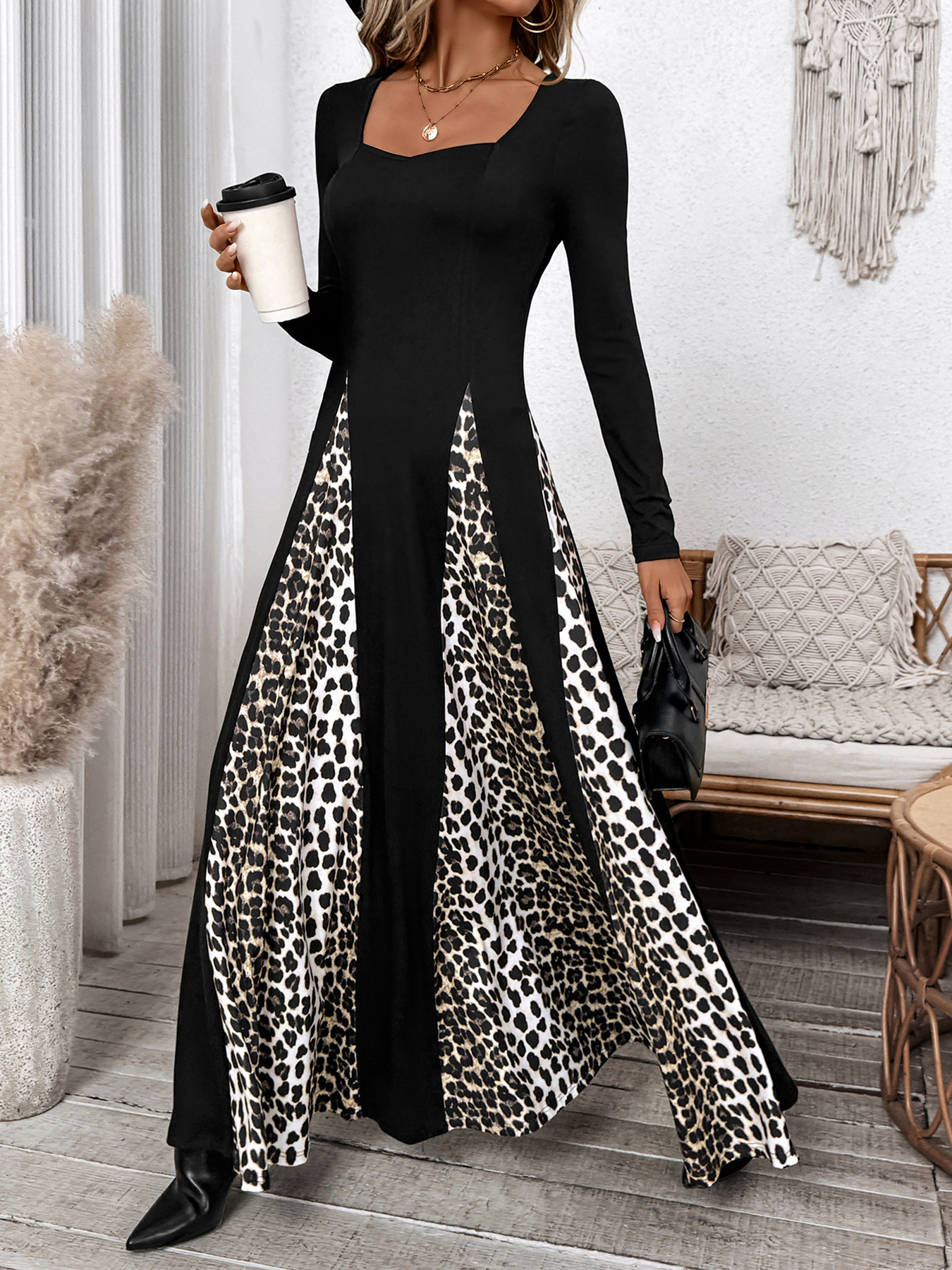 Leopard Splicing Dress Retro High Waist Long Sleeves Wide Leg A line Dress