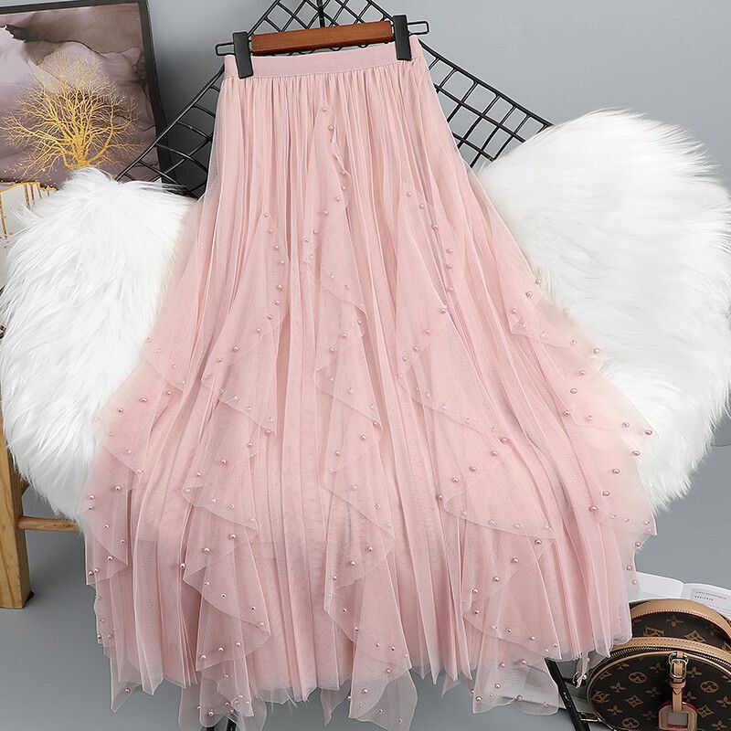 Heavy Beaded Mesh Skirt Plus Size Plus Size Women's Mid-Length High-Waisted Ruffled Pleated Skirt Super Fairy Gauze Skirt