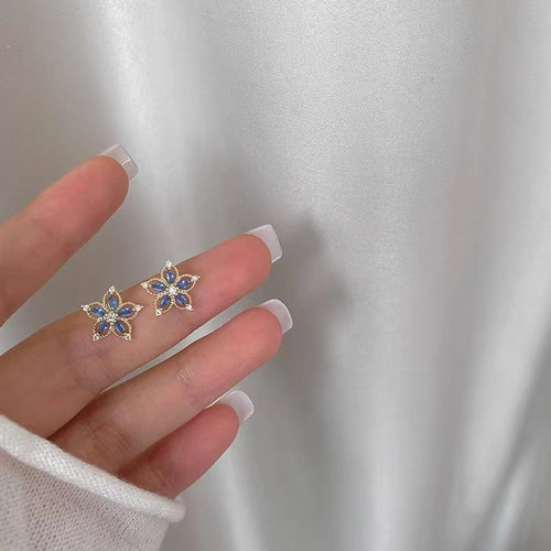 S925 sterling silver plated with 14k gold light blue orchid zircon earrings flower shape hollow versatile exquisite earrings for women