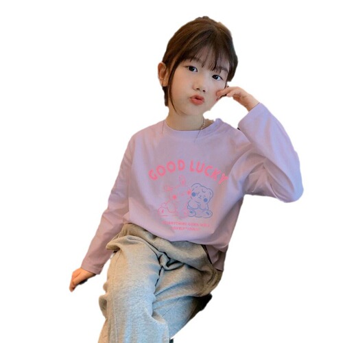 H2330 100% Cotton Children's Long Sleeve Base Shirt Spring and Autumn Stylish Casual T-Shirt for Girls Baby White Top Trendy T