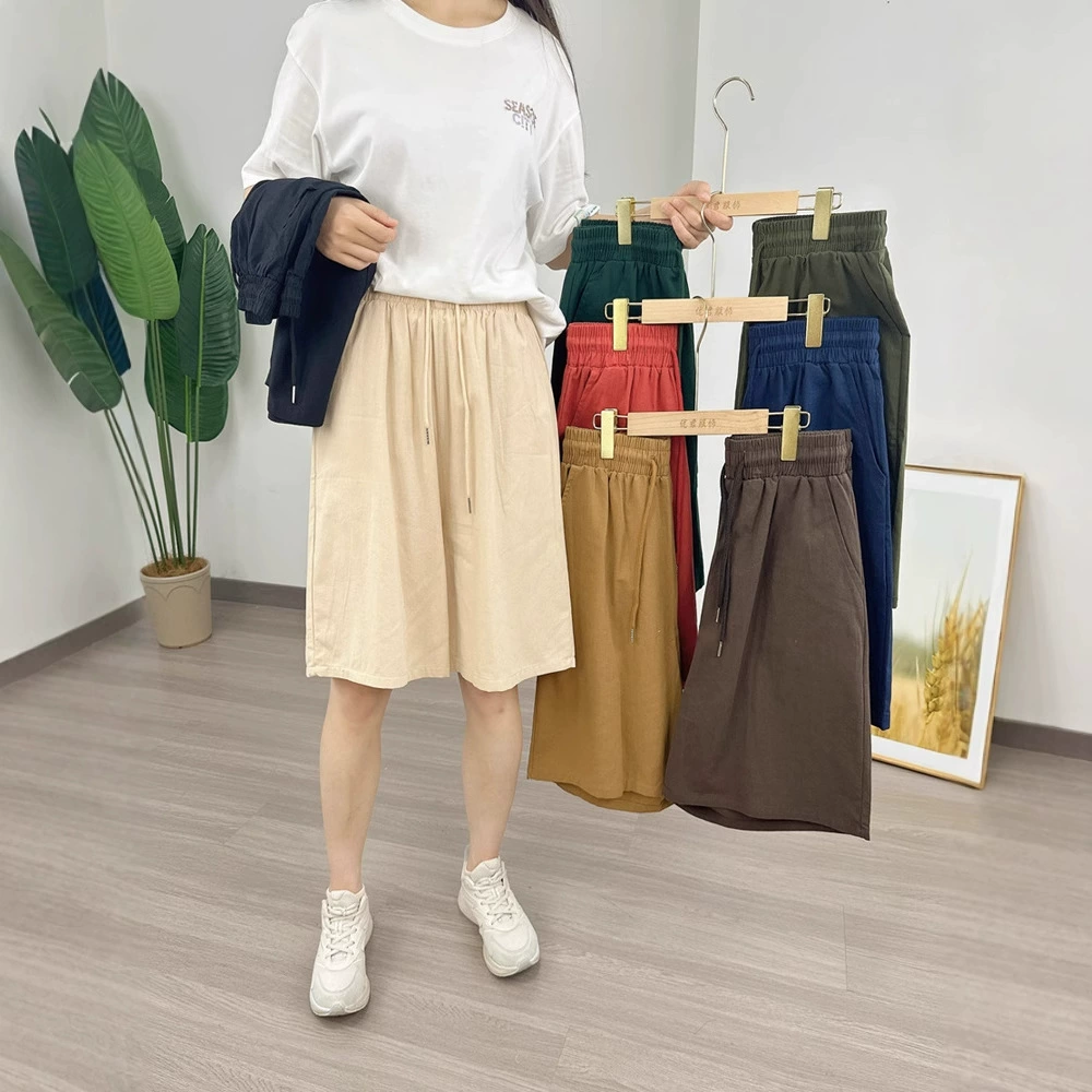 Летние женские шорты из хлопка и льна, свободные повседневные широкие брюки с высокой талией для женщин, льняные брюки, универсальные прямые брюки с пятью точками фабрики.