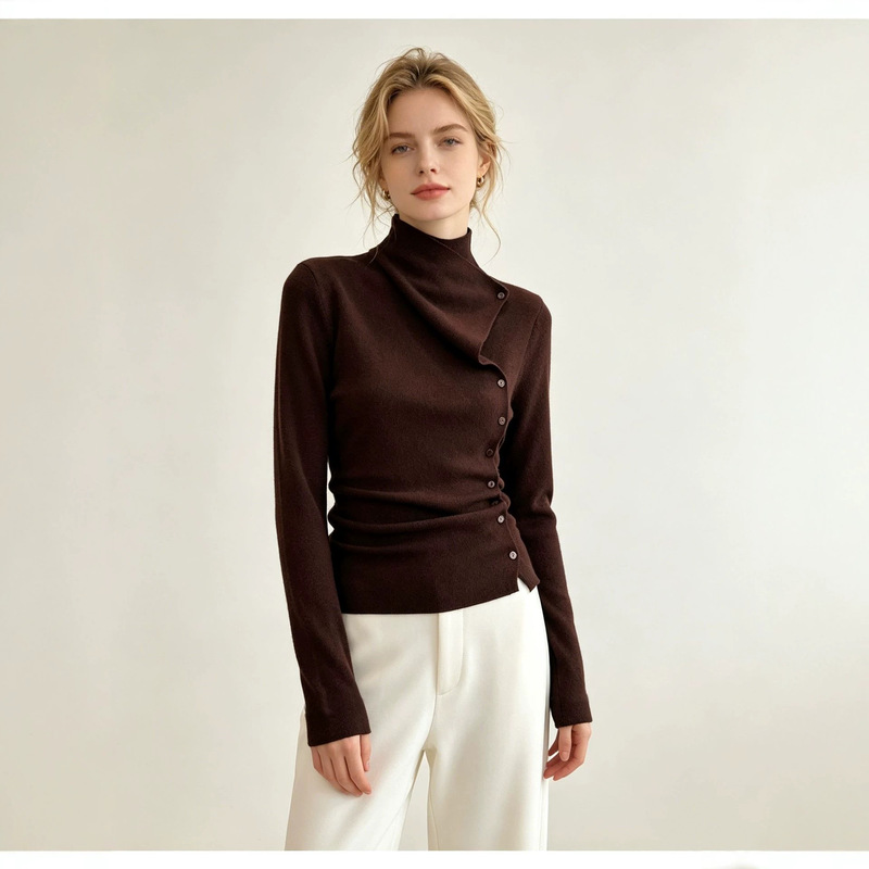 Cross-Border Women's Clothing Autumn and Winter Style Half-High Collar Asymmetrical Long-Sleeve Pullover Slim-Fit Slimming Knit Sweater Foreign Trade Clothing