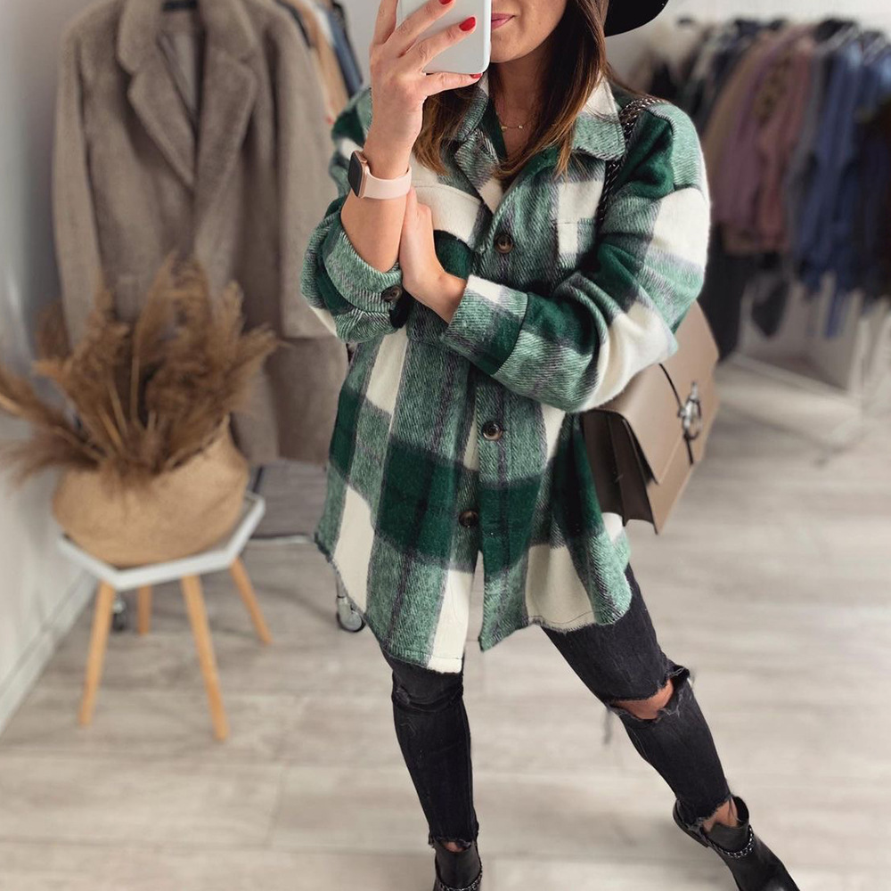 Casual Plaid Printed Long-Sleeved Shirt Jacket NSKX108713