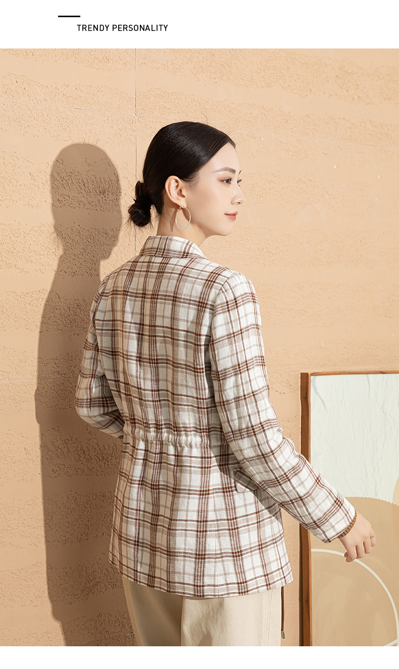 Áo blazer nữ vải lanh kẻ caro thiết kế độc đáo dáng ngắn — Ca rô chi tiết 11