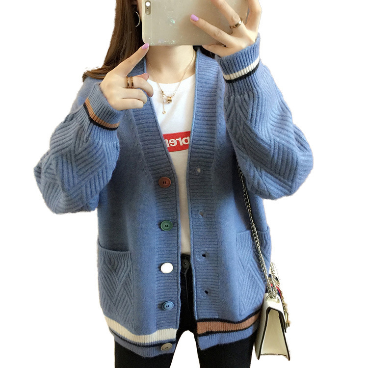 Women's Clothing Knitted Sweater V Neck All match Small Cardigan Jacket Women's Colorblock Sweater _voghion.com