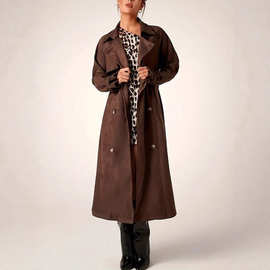 亚马逊女式外套跨境秋冬季复古棕色休闲气质风衣宽松长款保暖大衣