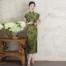改良老上海复古国风长款旗袍2026夏季中老年民国女士绿色中式旗袍