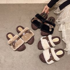 2025秋冬季新款时尚毛毛绒面拖鞋女外穿厚底增高一字拖百搭休闲鞋
