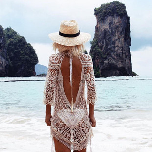 European and American Beach Holiday Sun Protection Clothing Sexy Hollow Lace Crochet Backless dress Bikini Blouse