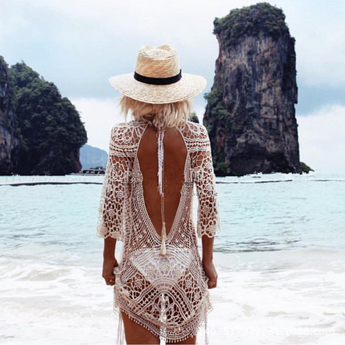 European and American Beach Resort Sun-Protective Clothing Sexy Hollow-Out Lace Crochet Backless Dress Bikini Cover-Up