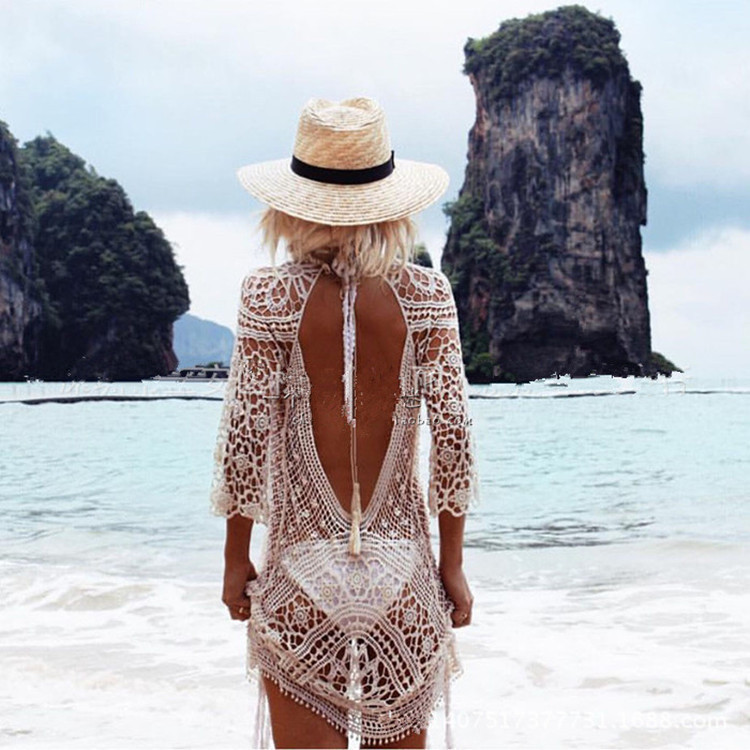 European and American Beach Holiday Sun Protection Clothing Sexy Hollow Lace Crochet Backless dress Bikini Blouse