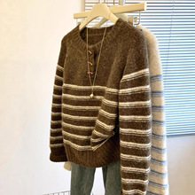 专柜撤回大牌剪标女装慵懒风条纹毛衣女秋冬复古气质加厚针织上衣