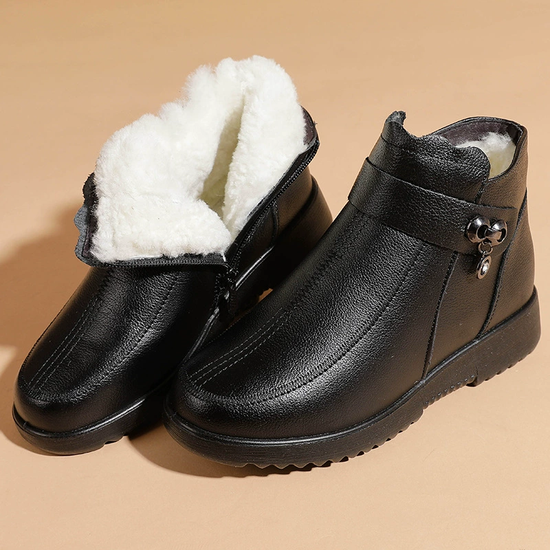 Women’s winter leather ankle boots, first‑layer cowhide + microfiber, wool‑lined, non‑slip