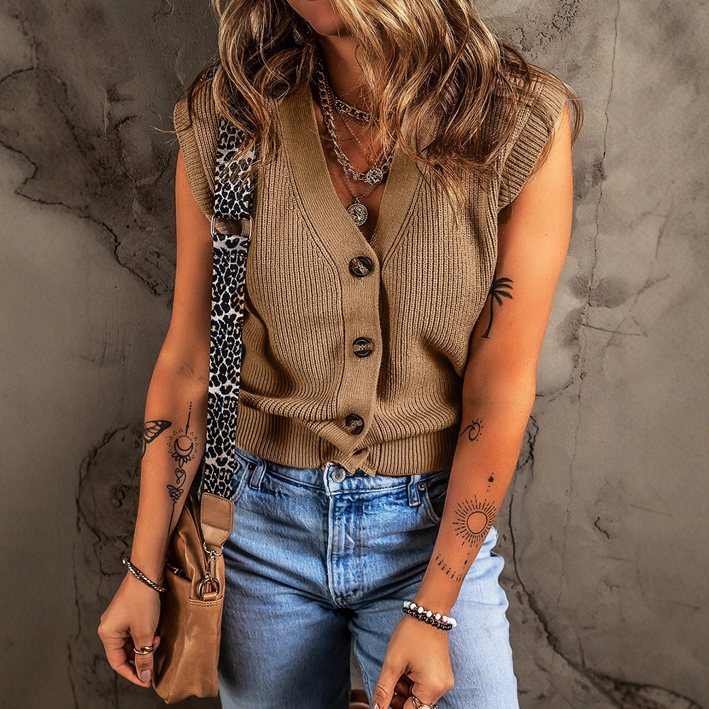 European and American Commuter Versatile V Neck Knitted Vest Vest for Women 2025 Summer New Pure Color Single-Breasted Sleeveless Sweater