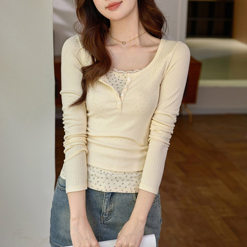 # High-Quality Selection #   Fake Two-Piece Spliced Floral Lace Long-Sleeved T-Shirt for Women with Western Design and Retro Top